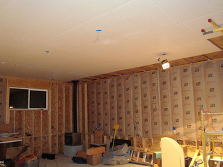 Woodshop progress: insulation and drywall